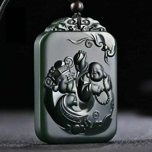Excellent Deep Green Jade God of Wealth Pendant Amulet Two Side Carven Hanging Talisman Netsuke