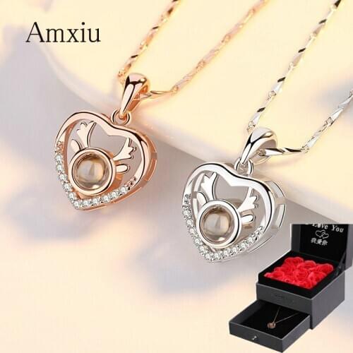 Amxiu 999 Silver Necklace 100 languages I love you Projection Necklace Heart Deer Necklace Women Zircon Jewelry Christmas Gift