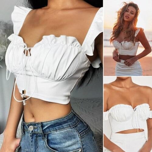 Printed Ruffled Vest Slim Short Backless Ribbed Vest White