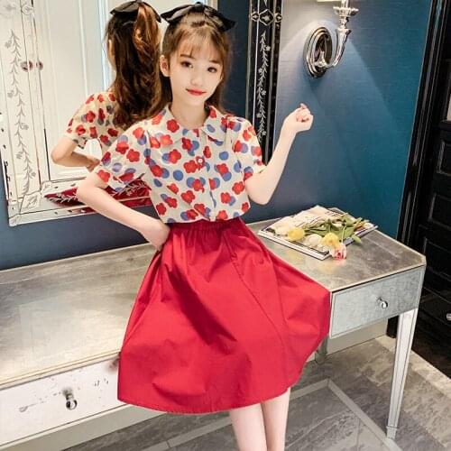 Floral Shirt and Skirt Girls Set 3-15 Years Old Childrens Clothing Short Sleeve Turn-down Collar Kids Casual Clothes Two Pieces