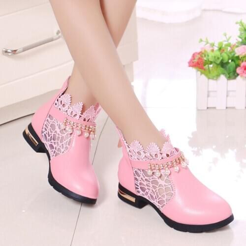 Big Children Summer Shoes Red Pink Lace Pearl Ankle Single Leather Shoes Kids Girls High Heel Wedding Party Dance Dress Shoes