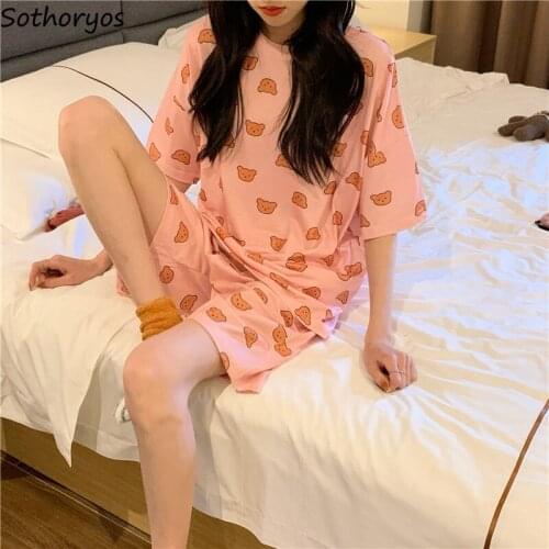 Cozy Pajama Sets Women Cartoon Printed Round Neck Kawaii Loose Lounge Wear Korean Style Simple Casual Fashion Female Summer Chic