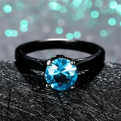 Vintage Female 14KT Black Gold Ring Dainty Aqua Blue Crystal Stone Wedding Ring Luxury Bride Round Engagement Rings For Women