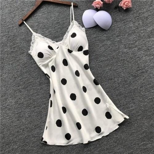 Woman Stain Sexy Nightdress Woman Lovely Wave Point Nightgown With Chest Pad Sleepwear