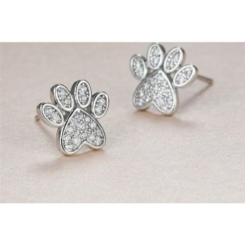 Animal Footprint White Zircon Stud Earrings For Women Vintage Fashion Cute Heart Cat Paw Crystal Stone Earrings Wedding Jewelry