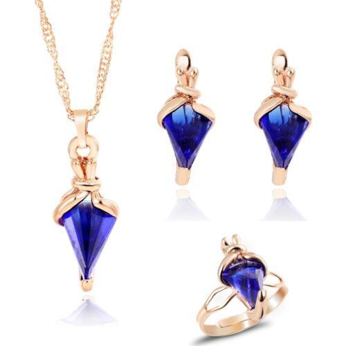 New Arrival Gold Color Chain Royal Blue Crystal Fashion Costume Jewelry Sets for Women Pendant Necklace Drop Earrings Ring Sets