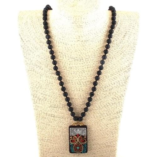 Fashion Bohemian Tribal Jewelry Lava Stone Long Knotted Square Wood Pendant Necklaces Women Ethnic Necklace