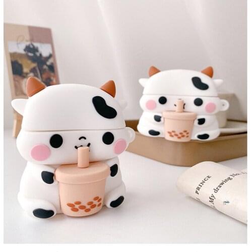 Boba Tea Cow Cute Cartoon Earphone Case for Kids Girls Boys Funny Silicone Protective Cover for Airpod 1 2 Pro