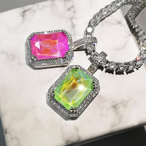 Bling Multicolor Square Pendant Necklace for Men Women Gifts Mocca Colors AAA Zircon Necklace Hip Hop Jewelry