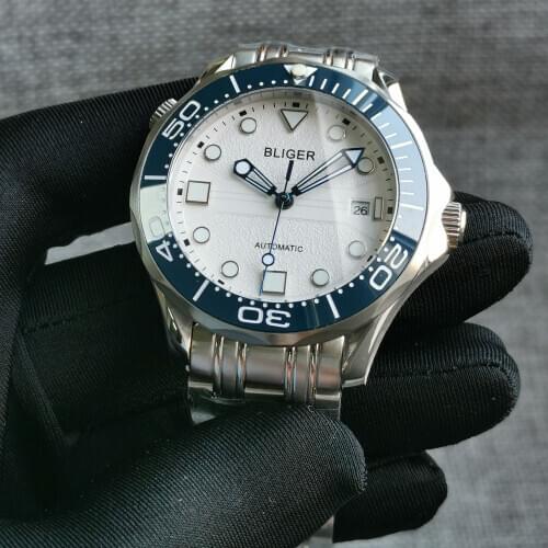 BLIGER New White Steel 41mm White Automatic Men Watch MIYOTA 8215 Mental Bracelet Date Ceramic Insert Sapphire Glass