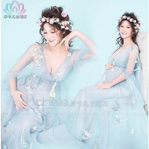 New Fancy Pregnancy Photo Shoot Studio Clothing Maternity Gorgeous Long Flower Dress Pregnant Photography Props Dress