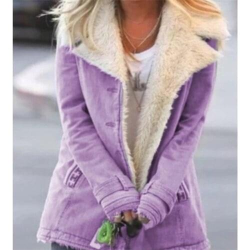New Winter Ladies Fashion Mid-Length Warm Fleece Casual Outwear Button Lapels JacketOutwear Plus Size Clothing For Solid Women