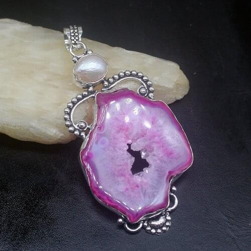 Gemstonefactory Jewelry Big Promotion 925 Silver Natural Hole Agate Druzy Biwa Pearl Women Ladies Gifts Necklace Pendant 0749