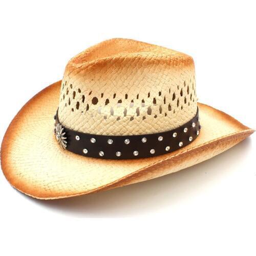 Fashion Women Men Western Cowboy Hat With Punk Leather Ribbon Lady Dad Straw Beach Sun Sombrero Cap Roll Up Brim Size 58CM