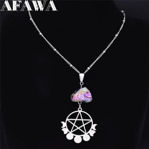 Witchcraft Pentagram Moon Natural Crystal Stainless Steel Charm Necklaces Silver Color Necklace Jewelry cadenas mujer NXS04