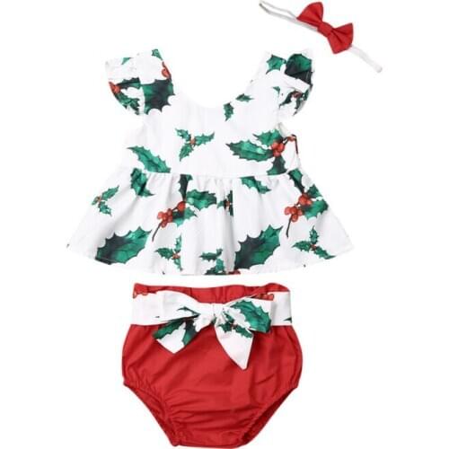 Newborn Baby Girls Christmas Clothes Set Infant Outfit Leaves Print Fly Sleeve Top+Shorts+Headband 3pcs Toddler Kids Costume