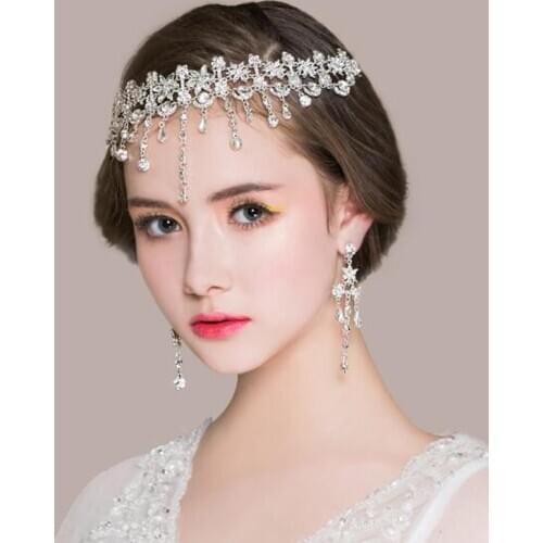 Fashion Wedding Jewelry Sets Rhinestone Head Chain Crystal Choker Necklace Earrings Set Charm Bridal Hair Accessories