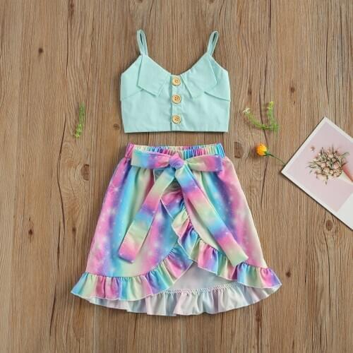 Baby Bow Decoration Irregular Hem Ruffle Summer Clothing Tank + Skirt Tie-Dye Pattern Soft Sweat Absorption Summer Wear