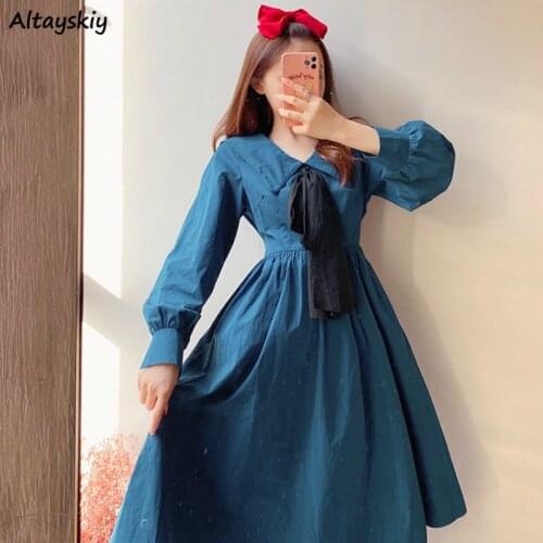 Dress Womens Elegant Sweet Kawaii Long Sleeve Turn Down Collar Blue Temperament Girls Korean Style Ulzzang Casual High Waist Ins