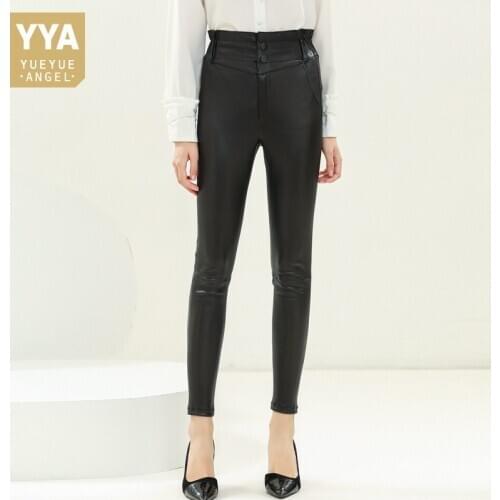 Fashion Ladies Trousers High Waist Elastic Genuine Leather Pants High Quality 100% Real Sheepskin Women Sexy Skinny Pencil Pants