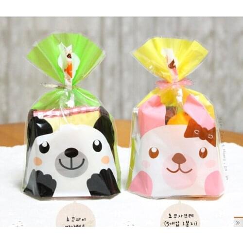 100pcs Cute Panda Rabbit Cello Cookie Bag,Clear Cellophane Flat Open Bag,Plastic Bakery Gift Candy Bag