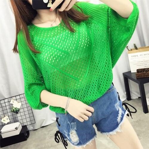 Sexy Women Knitted Pullover Mesh Hollow Sweater Female Spring Fashion Tops Bat Half Sleeve Solid Casual Loose Shirt Summer