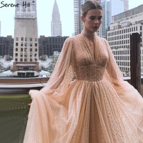 Serene Hill Gold Crystal High Neck Sexy Prom Dress 2020 Long Sleeves A-Line Tulle Formal Party Wear Gown Design CLA70512