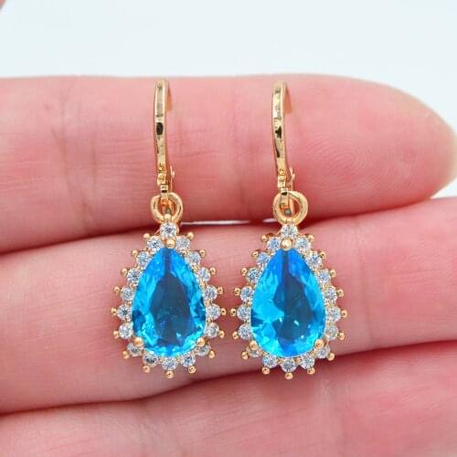 Fashion Gold Color Luxury Aqua CZ Crystal Water Drop Dangle Earrings for Women Wedding Jewelry