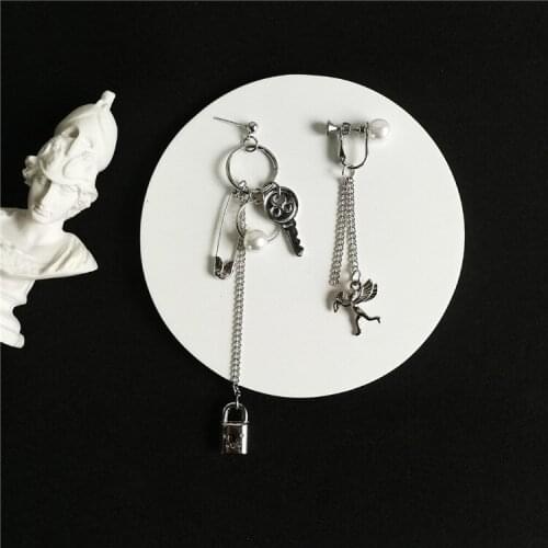 Cute Cupid Angel Pendant Stainless Steel earring, Long Chain Lock Shaped Punk Luck Jewelry for Cool Women Friendship Girl Gifts