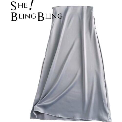SheBlingBling Summer Autumn Fashion Smooth Satin Long Midi Skirt Red Grey Black Side Zipper High Waist Women Casual A-Line Skirt