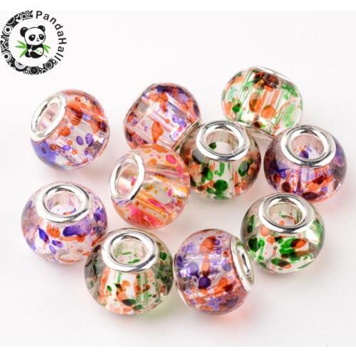 Mixed Large Hole Rondelle Spray Painted Glass European Beads, with Silver Plated Brass Double Cores, 15x12mm, Hole: 5mm