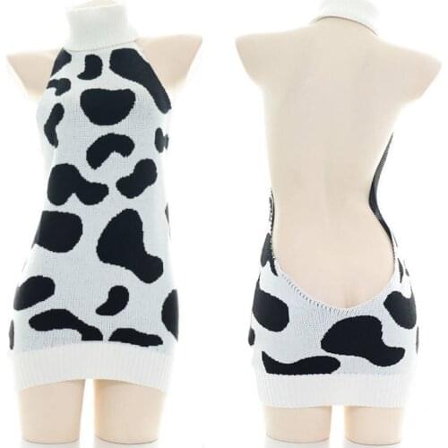 2021 New Japanese Girl Cow Print Sexy Mid-Length Knitted Hips Slim Sweater High Neck Naked Back Exposed Grooving Home Clothes