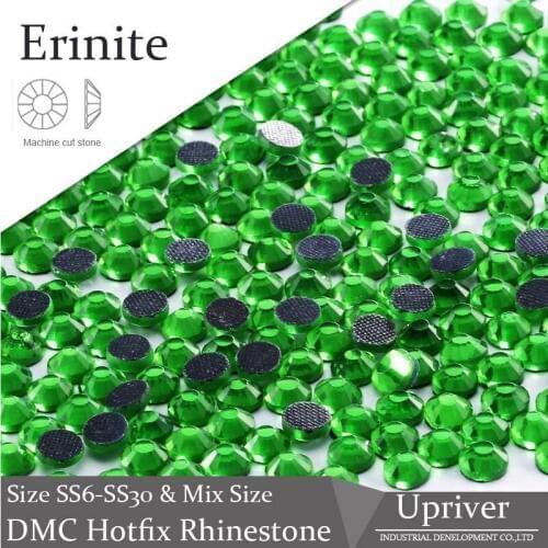 Upriver Erinite Green Color Machine Cut Iron Clothes Glass Round Loose Stone Mix Sizes DMC Hotfix Rhinestones Garment Rhinestone