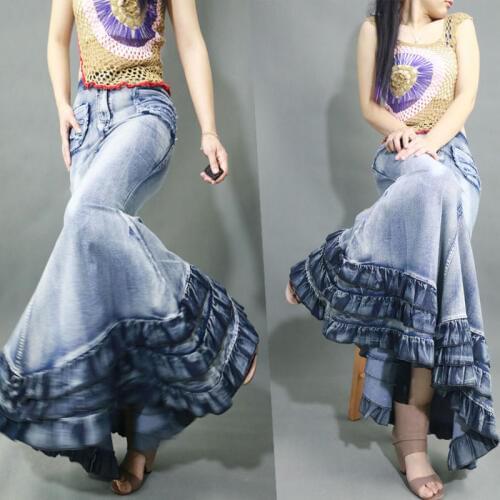 Vintage Denim Skirts New Fashion Women Tight-fitting Slim Package Hip Blue Denim Skirt Ladies Ruffle Mermaid Maxi Long Skirt