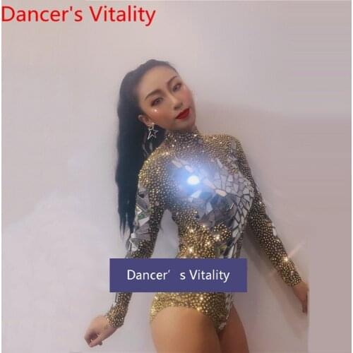 Women Singer Model Pole Jazz Dance Group DJ DS Elastic Gold Rhinestone Sequin Stage Wear Competition Long Sleeve Body Suit