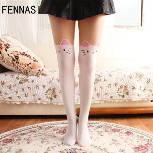 FENNASI Lolita Womens Tights Cute Cat White Tight Pantyhose Kawaii Women Stockings Splicing Fake Cosplay Maid Outfit Japanese