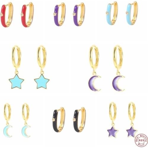 Aide 925 Sterling Silver Fashion Enamel Moon Star Pendant Hoop Earrings Cyan Blue Purple Drop Oil Oval Circle Huggie Earrings