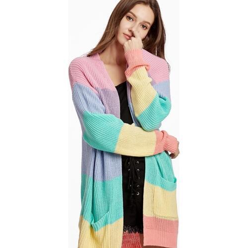 Office Lady elegant Plus Size Loose Sweater Yellow Casual Coat Women Rainbow striped long cardigan Winter knitted sweater Jacket