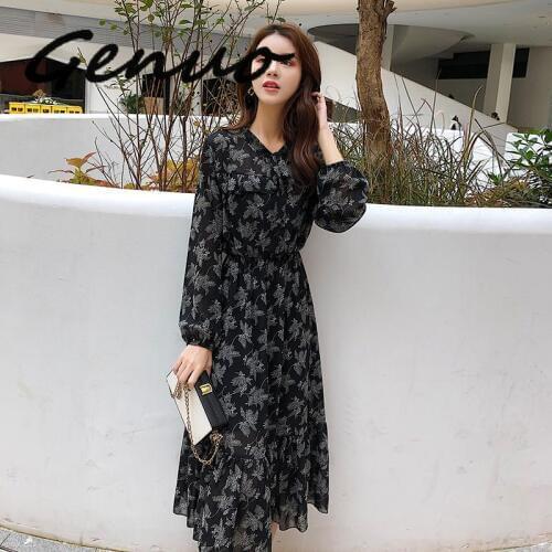 2019 New Women Flowers Printing Dresses With Bow Spring Summer Long Sleeve Dresses Female High Waist Ruffles Chiffon Dresses