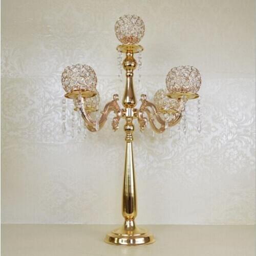 10PCS Metal Gold/Silver Candle Holders 5-Arms With Crystals Stand Pillar Candlestick For Wedding Table Centerpieces Decoration