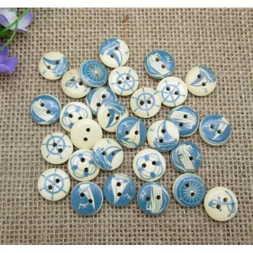 100pcs 15mm Mixed Round Navigation Wooden Buttons For Clothes Crafts Sewing Decorative Needlework Scrapbooking DIY Accessories