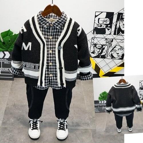 Toddler Boys Clothing Sets 2020 Winter Baby Fashion Sweater Suits Letter Sweater Cadigan Plaid Shirt Velvet Jeans 3pcs For Boy