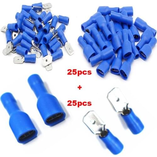 50pcs/25pairs Blue Insulated Spade Crimp Wire Cable Connector Terminal Male/Female Kit 1.5 - 2.5 mm