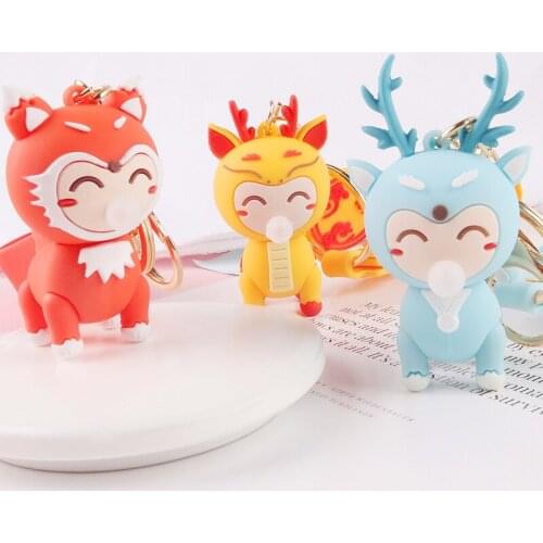 Chinese Cartoon Beast Blowing Bubbles Doll Keychain Cute God Beast KeyRing Couple Bag Pendant Car Keyring Decoration Gifts