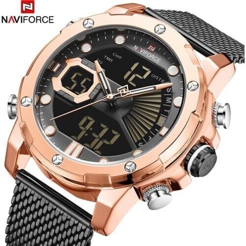 NAVIFORCE Watches Mens Business Luxury Steel Strap Quartz LED Digital Sport WristWatch Waterproof Analog Clock Relogio Masculino
