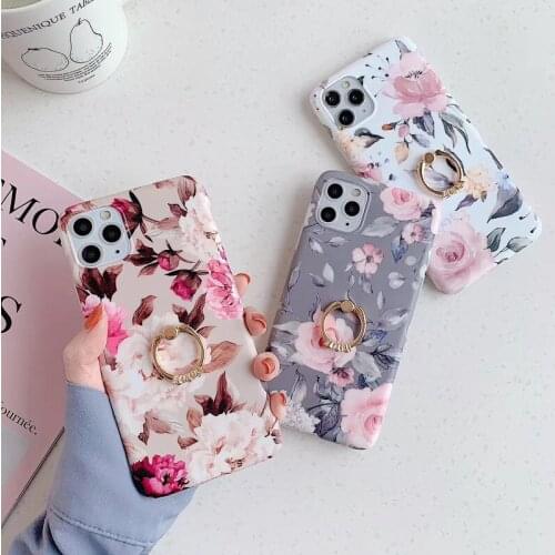 Retro Flower Leaf Phone Case for IPhone 11 12 Mini Pro Max X XR XS Max 7 8 Plus SE 2020 Ring Holder TPU Cover Bumper Shell Coque