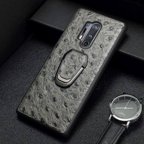 Genuine Ostrich Grain Leather Phone Case for Oneplus 8 Pro 8T Nord 7T Pro 7 Pro 6 6T 5 5T Ring Magnetic Kickstand Cover