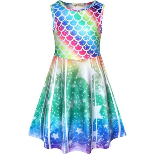 Baby Sleeveless Princess Dress Girls Colorful Fish Scale Starry Sky Print Round Neck One Pcs