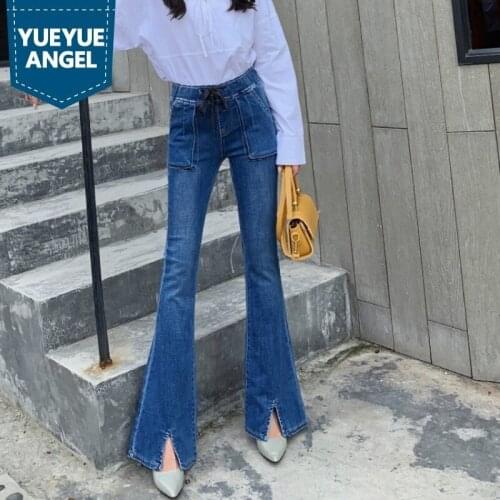 Streetwear Light Blue Split Flared Jeans Women Spring High Waist Vintage Slim Bell-Bottom Pants Washed Elastic Waist Trousers