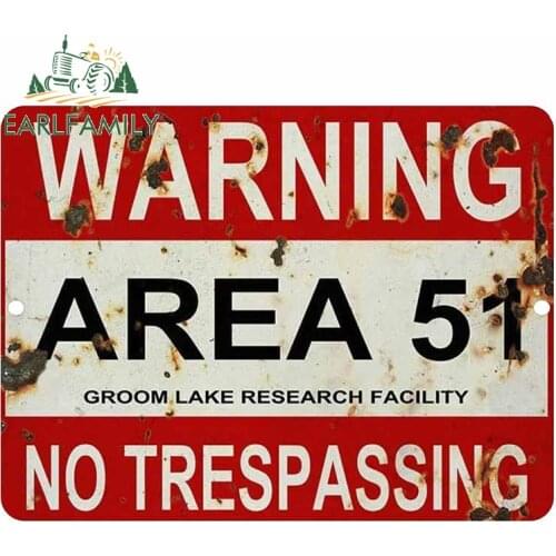 EARLFAMILY 13cm x 9.8cm for Warning Area 51 No Trespassing Vinyl Car Stickers Personality Occlusion Scratch Window Trunk Decal